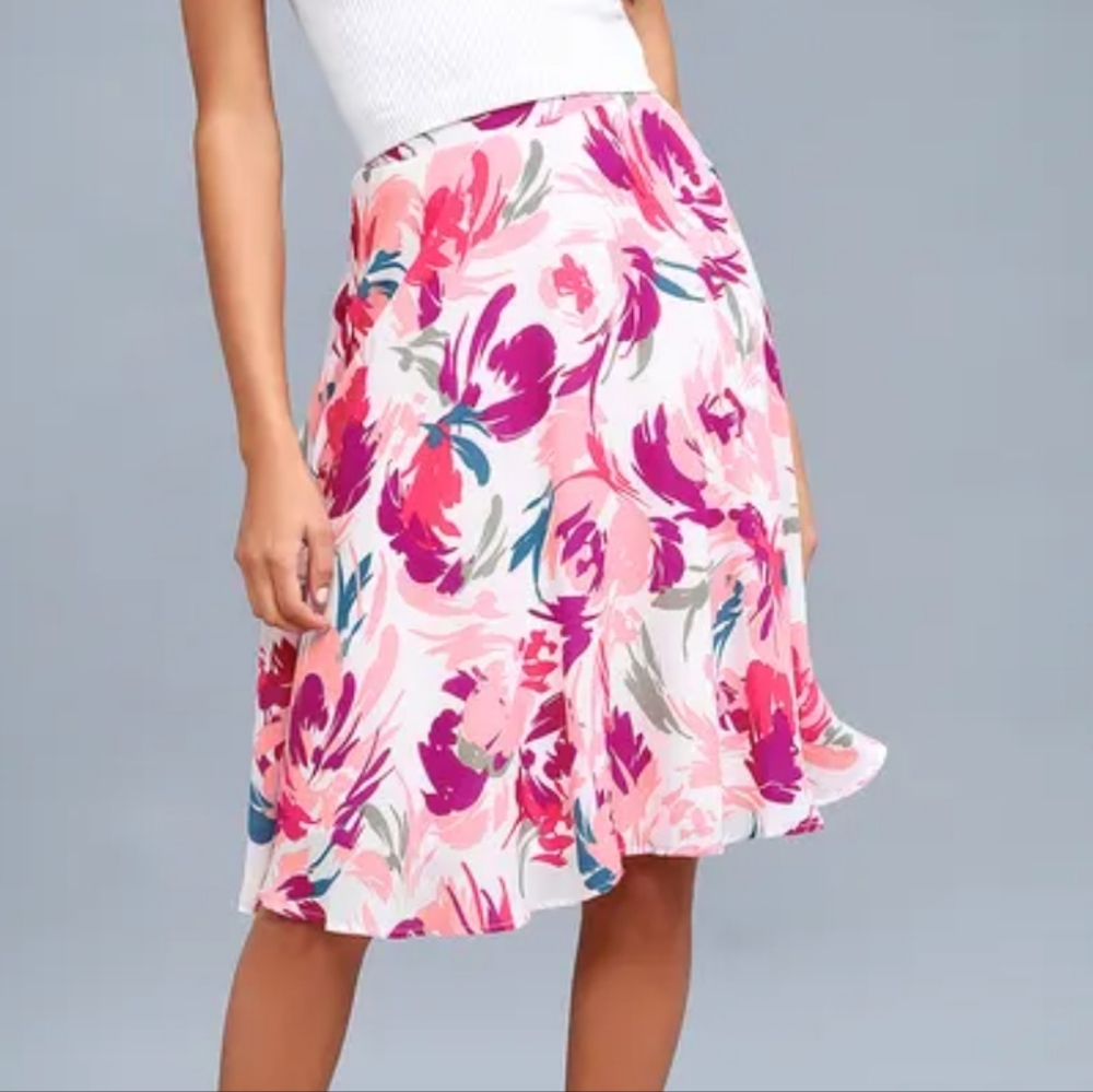 NWT Lulus Del Rey White Floral Print Midi Skirt | Size Large